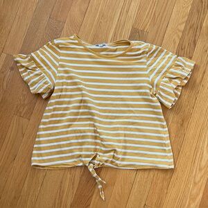 Mirawise Striped Yellow and White Ruffle Sleeve Top Tie Front Girls 12-13 year.